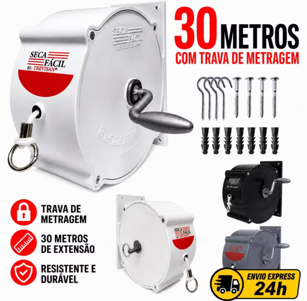 Varal Recolhível Retrátil De Parede 30m Branco Seca Fácil - miniatura 2