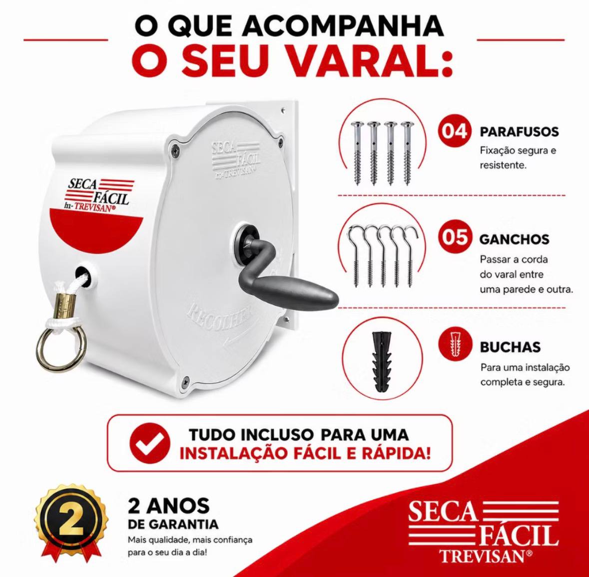 Varal Recolhível Retrátil De Parede 30m Branco Seca Fácil - miniatura 3