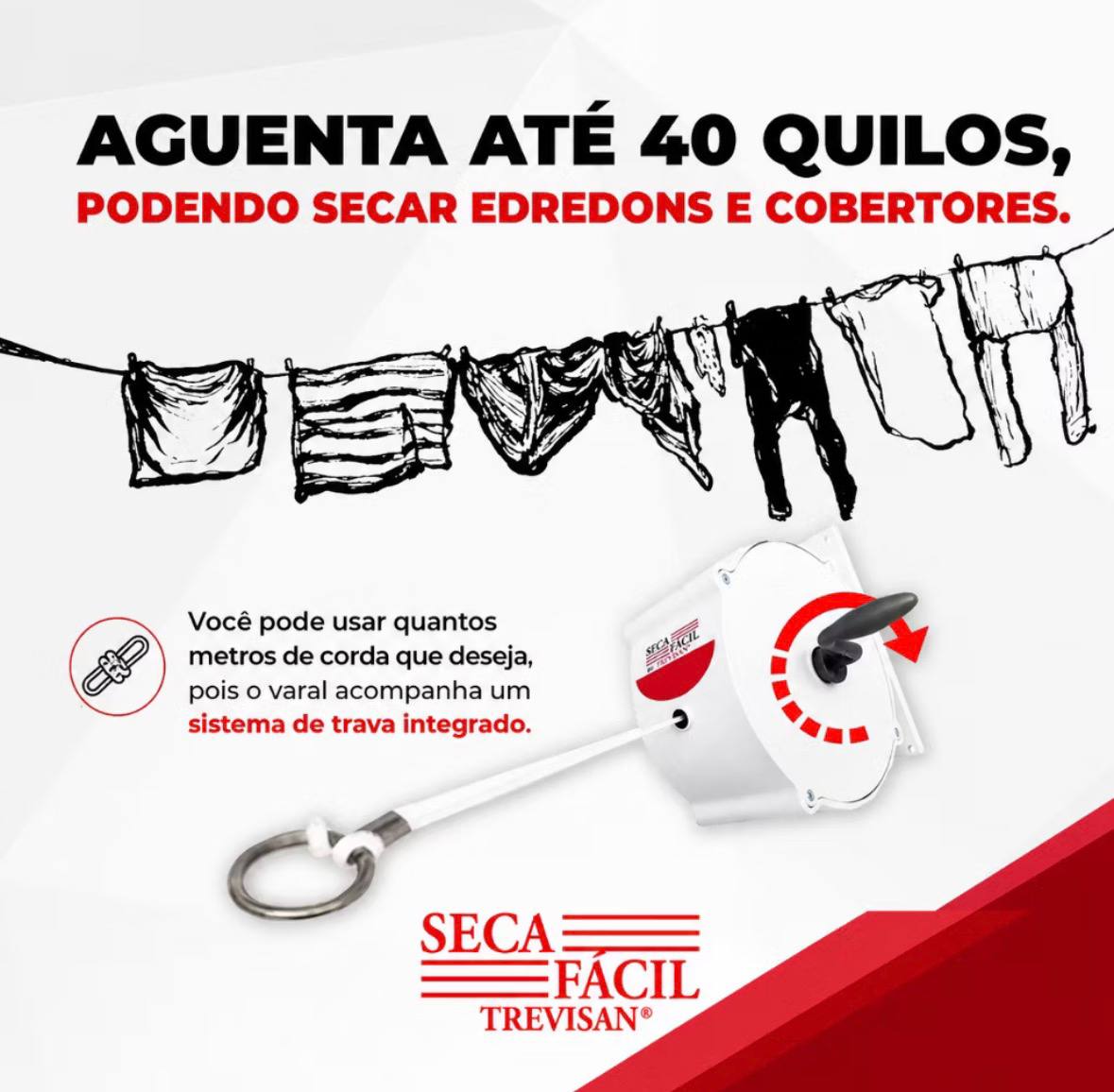 Varal Recolhível Retrátil De Parede 30m Branco Seca Fácil - miniatura 5